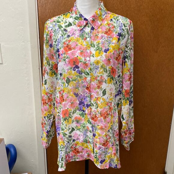 Norm Thompson Escape Ordinary Women Floral Sheer Blouse Top Button M Boho Hi Low - Picture 3 of 14